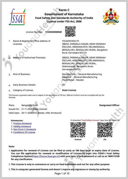 FSSAI food safety license certificate of YouandHealth