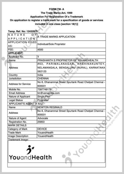 YouandHealth trademark registration certificate