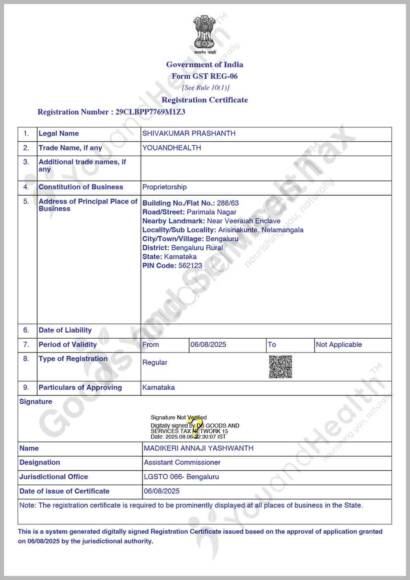 GST registration certificate of YouandHealth business